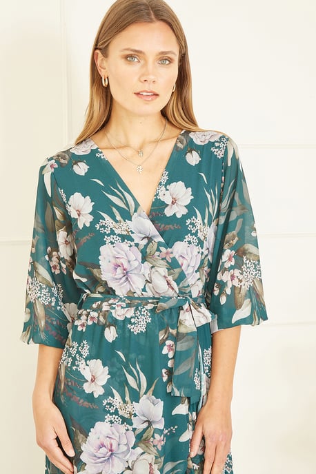 Teal Floral Wrap Midi Dress With Frill