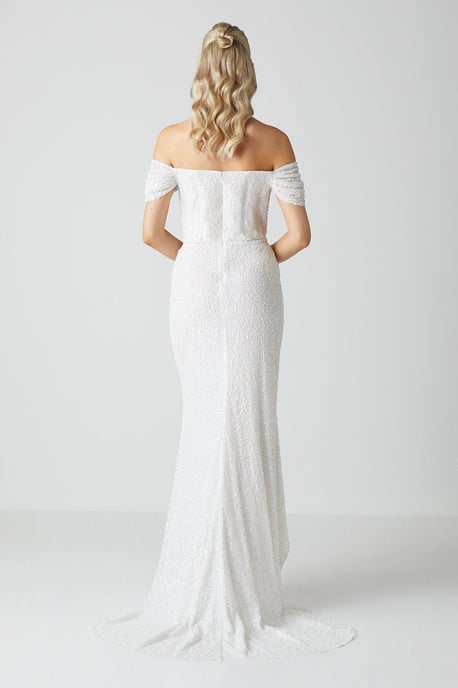 Draped Bardot Cap Sleeve Wrap Skirt Wedding Dress - Image 3