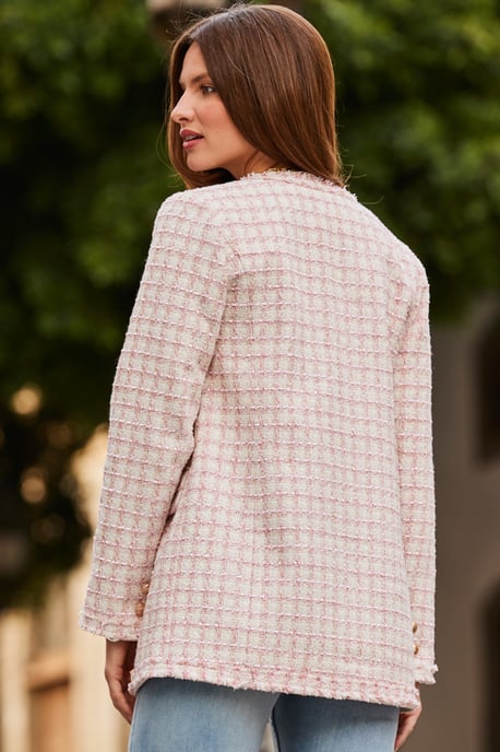 Pink & White Boucle Collarless Blazer With Gold Detail