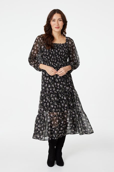 Floral 3/4 Sleeve Smocked Midi Dress
