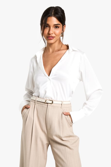 Satin V-neck Button Up Shirt - Image 1