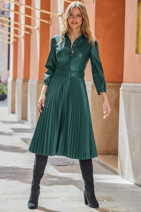 Dark Green Faux Leather Pleated Midi Dress