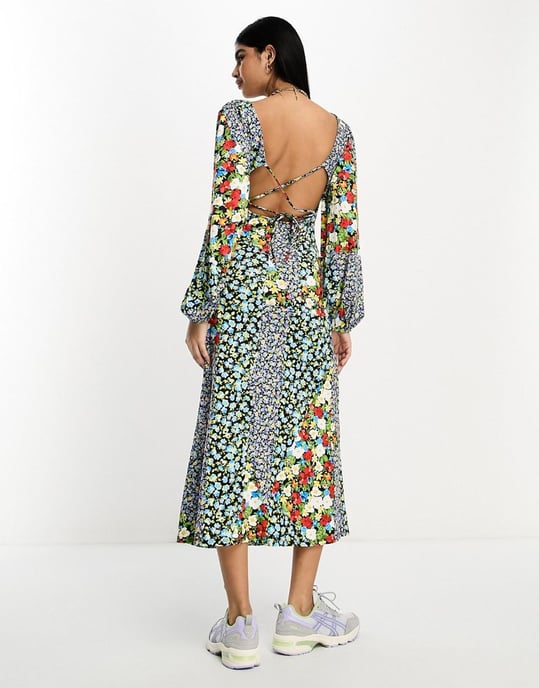 ASOS DESIGN long sleeve v neck midi dress in mixed print-Multi