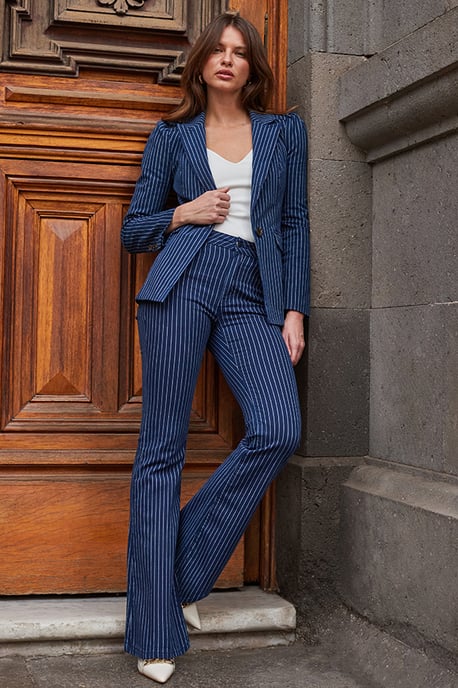 Navy Blue Pinstripe Denim Blazer