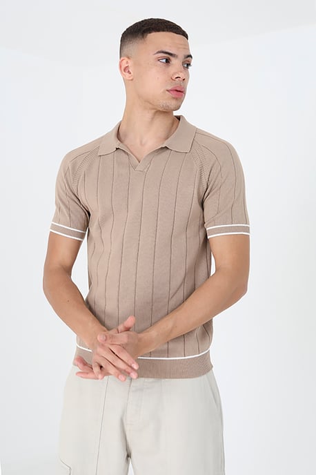 Tan 'Menton' Short Sleeve Open Collar Polo Shirt