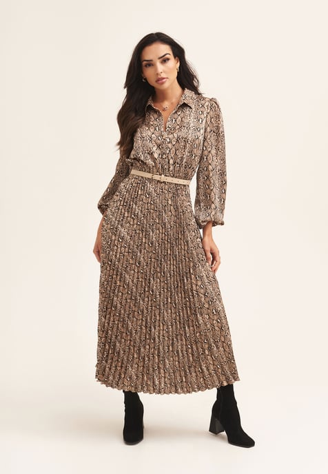 Beige geplooide overhemdjurk met slangenprint en riem - Image 3