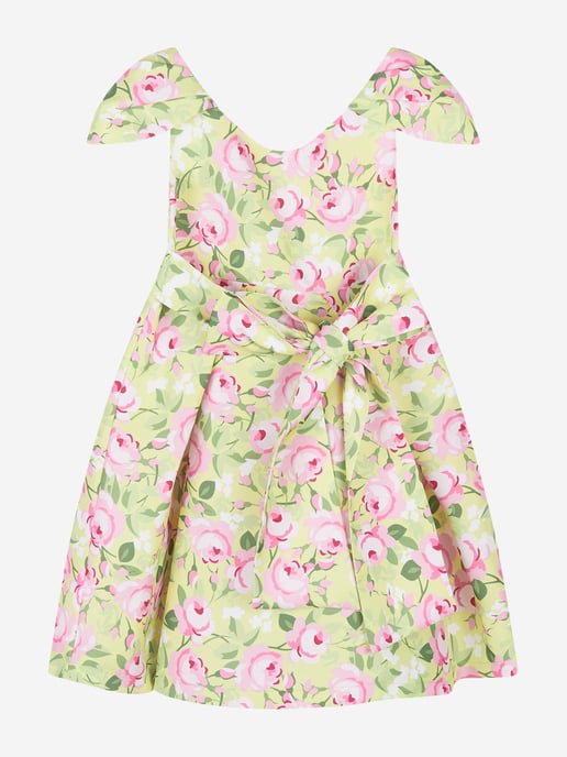 Mama Luma Girls Flower Print Dress With Belt in Green