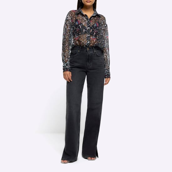 River Island Womens Shirt Black Chiffon Floral Long Sleeve