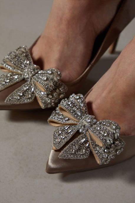 Wide Fit Tina Diamante Bow Satin High Heel Stiletto Courts