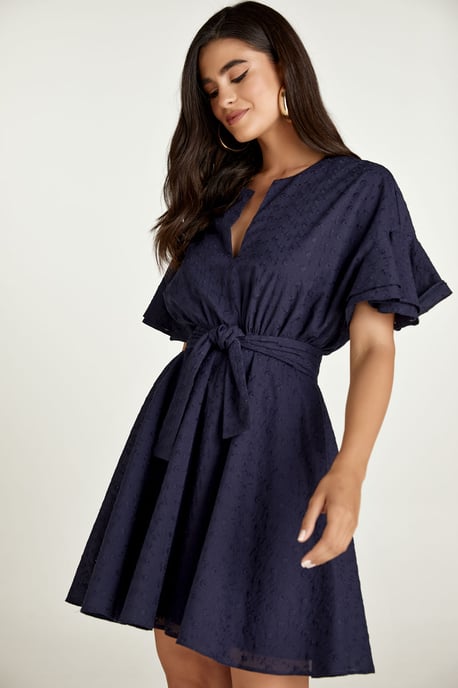 Dark Blue Embroidered Dress with Ruffle Sleeves