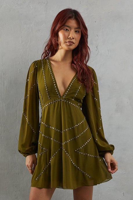 Premium Chiffon Embellished Plunge Neck Mini Dress - Image 1