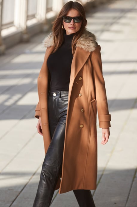 Camel Longline Faux Wool Trench Coat with Faux Fur Collar