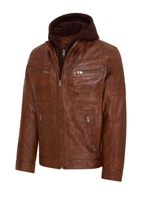 Mens Brown Hooded Leather Biker Jacket - Stavern