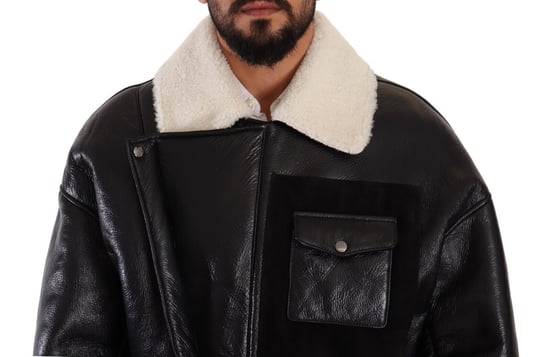 Dolce & Gabbana Heren Zwarte Leren Shearling Bikerjas - Image 4