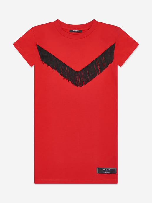 Balmain Girls Fringed Jersey Dress in Red