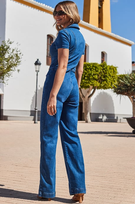 Indigo Blue Zip Front Wide Leg Denim Jumpsuit