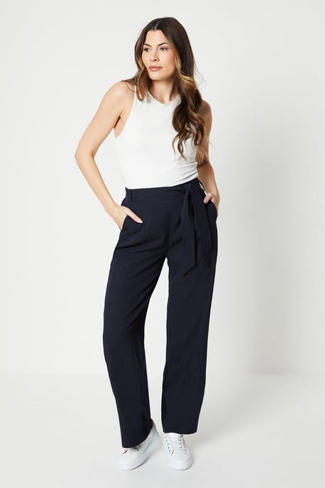 Stitch Detail Belted Wide Leg Trouser