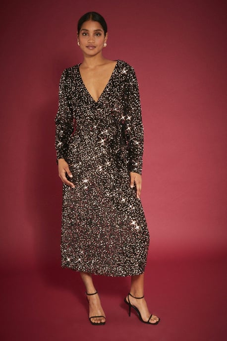 Velvet Sequin Wrap Midi Dress