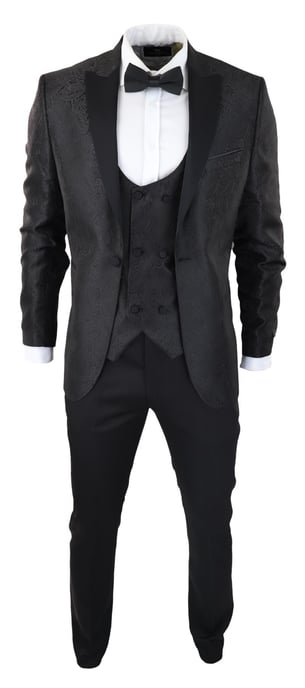 Mens Black Tuxedo Blazer Waistcoat Brocade Satin Paisley Formal Dinner Jacket