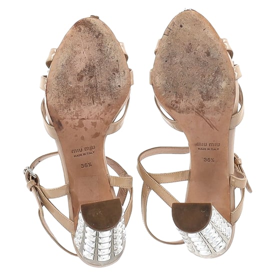Miu Miu Bow Detail Ankle Strap Crystal Heel Sandals in Nude Patent Leather - Image 6