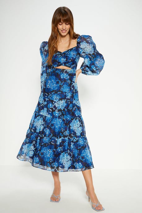 Cluster Floral Organza Ruched Cut Out Midi Dress