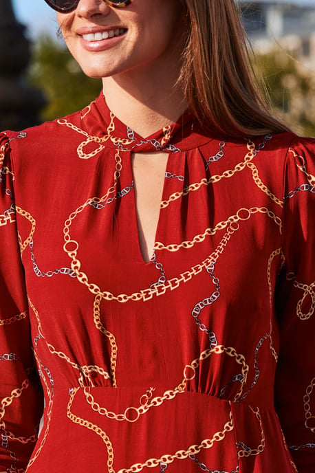 Red Chain Print Keyhole Detail Midi Dress
