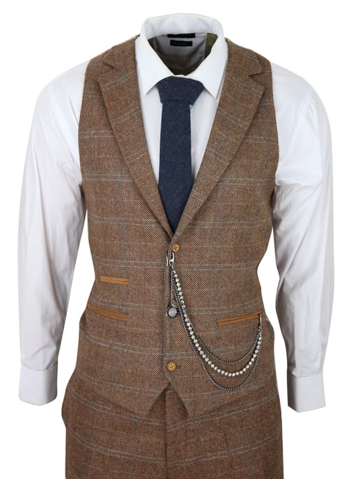 Heren 3-Piece Wollen Pak Eikenbruin Tweed Visgraat Ruit Peaky Blinders Gatsby - Image 5