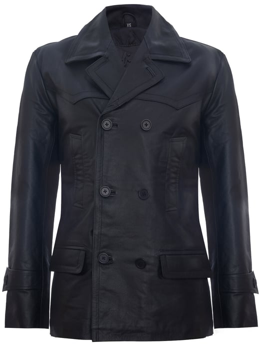 Cow Hide Dr Who Naval German Pea Coat Leather Jacket