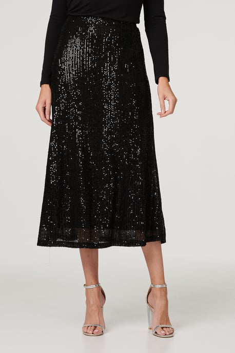 Black Sequin High Waist Semi Sheer Midi Skirt