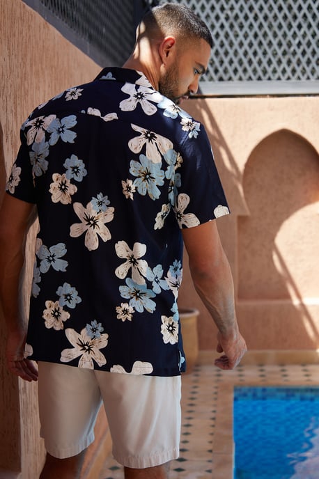 Black 'Terrace' Cotton Floral Print Revere Collar Short Sleeve Shirt