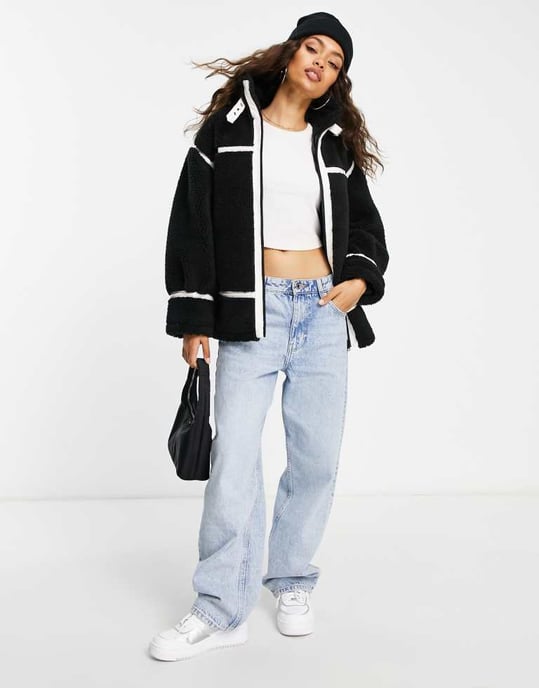 Miss Selfridge Petite faux fur aviator oversized coat in black