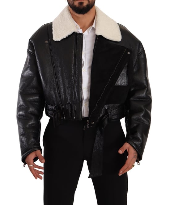 Dolce & Gabbana Heren Zwarte Leren Shearling Bikerjas - Image 6