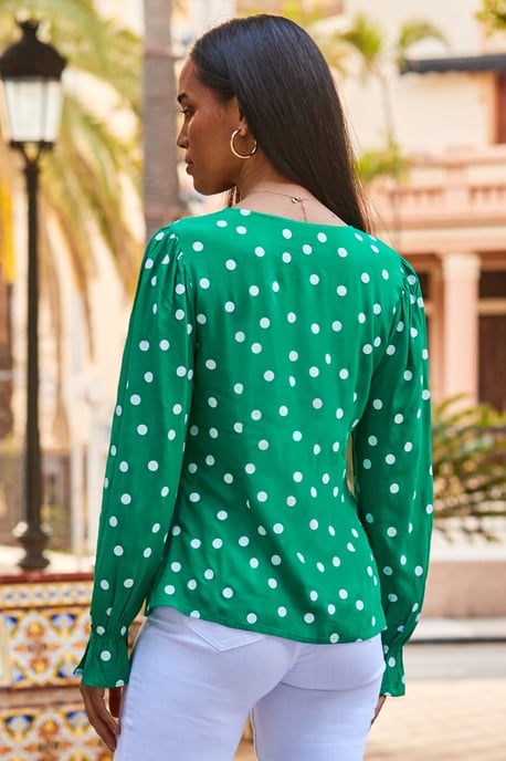 Green & White Spot Print Tie Detail Blouse