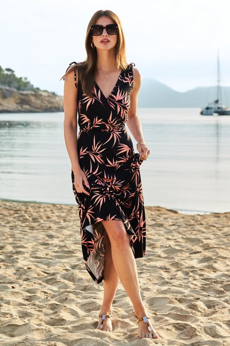 Black Tropical Print Tie Shoulder Maxi Jersey Dress