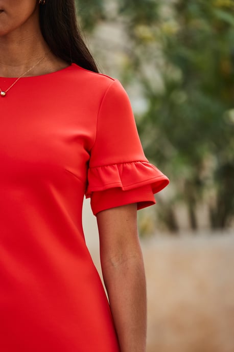 Red Ponte Ruffle Sleeve Shift Dress