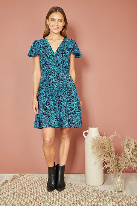 Blue Leopard Print Skater Dress