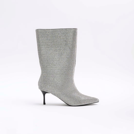 River Island Womens Calf Boots Silver Diamante Heeled