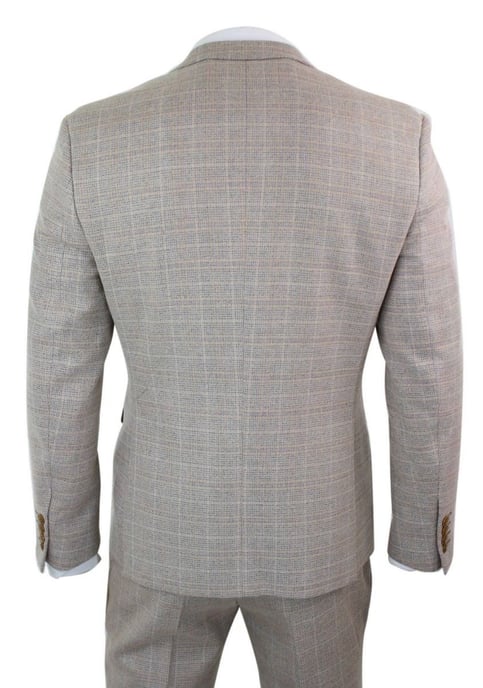 Heren 3-delige Beige Tweed Ruit Vintage Retro Kostuum - Image 3