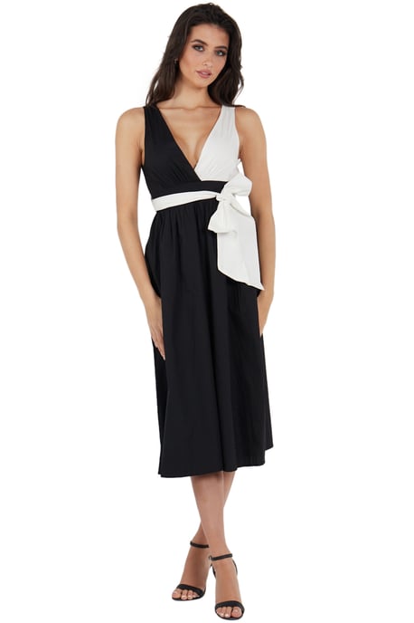 Zwart met contrast witte poplin tie taille midi jurk - Image 3