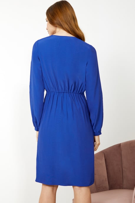 Blue Ruffle Detail Faux Wrap Dress