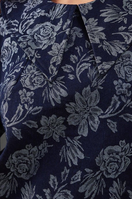 Denim Rose Jacquard Pointed Collar Mini Dress