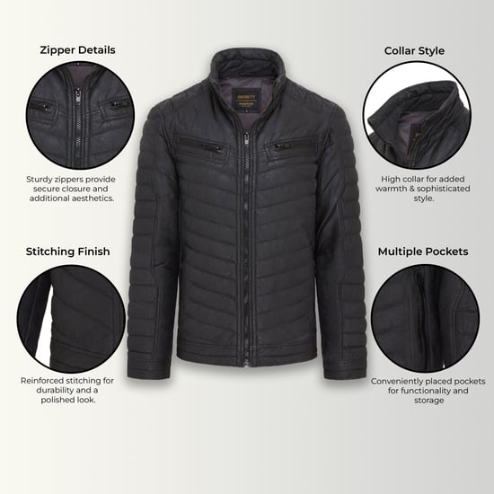 Mens Black Quilted Puffer Leather Bomber Jacket - Torpoint