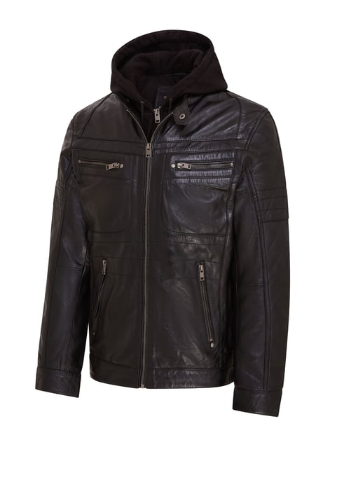Mens Black Hooded Leather Biker Jacket - Stavern