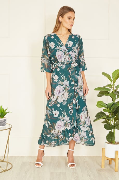 Teal Floral Wrap Midi Dress With Frill