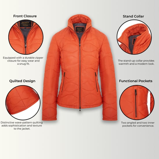 Womens Orange Puffer Quilted Bomber Leather Jacket - Hamar