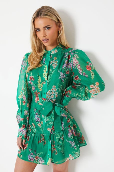 Petite Green Floral Organza Mini Shirt Dress