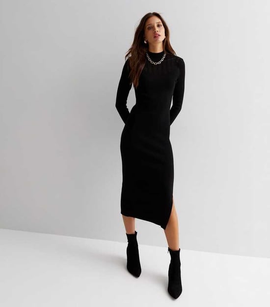 Ribgebreide Hoge Hals Bodycon Midi Jurk - Image 1