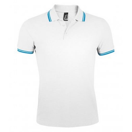 SOLS Mens Pasadena Tipped Short Sleeve Pique Polo Shirt (White/Aqua Blue)