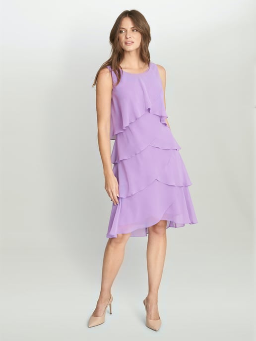 Vesta Jewel-Shoulder Tiered Cocktail Dress