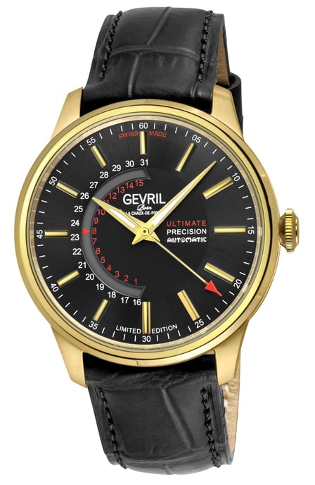 Gevril Men's Guggenheim Sellita SW220 Custom date wheel Genuine Italian Handmade Black Leather Watch - Image 1